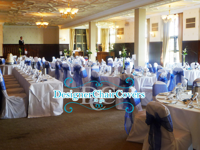 Wedding chair covers and Navy blue organza sash