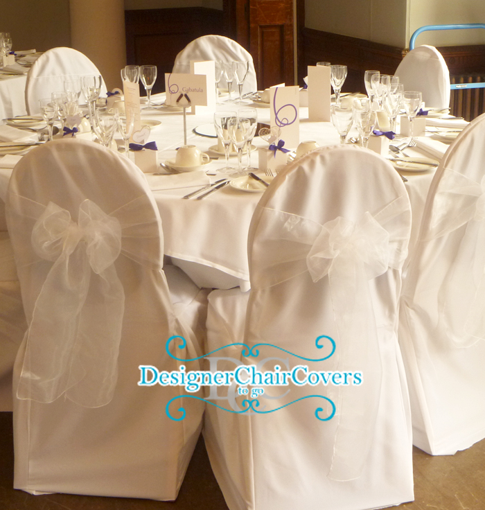 White wedding chair covers and white organza sash